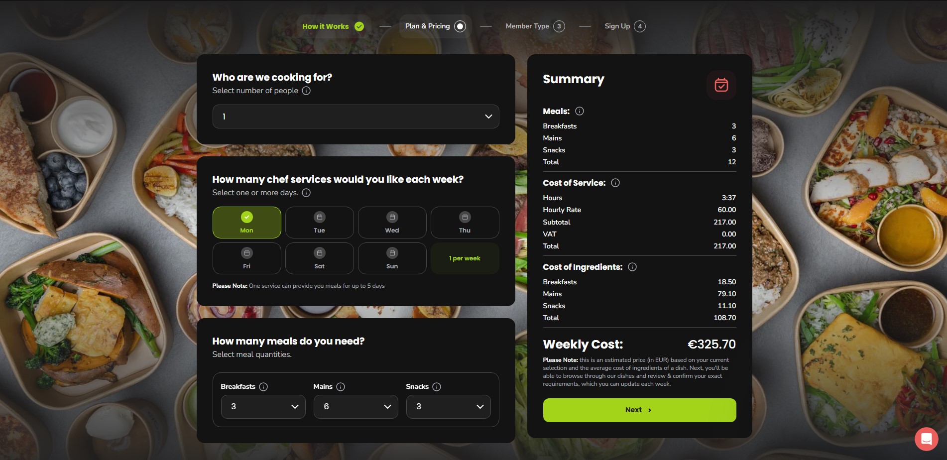 Meals.co.uk booking flow for scheduling a personal chef visit